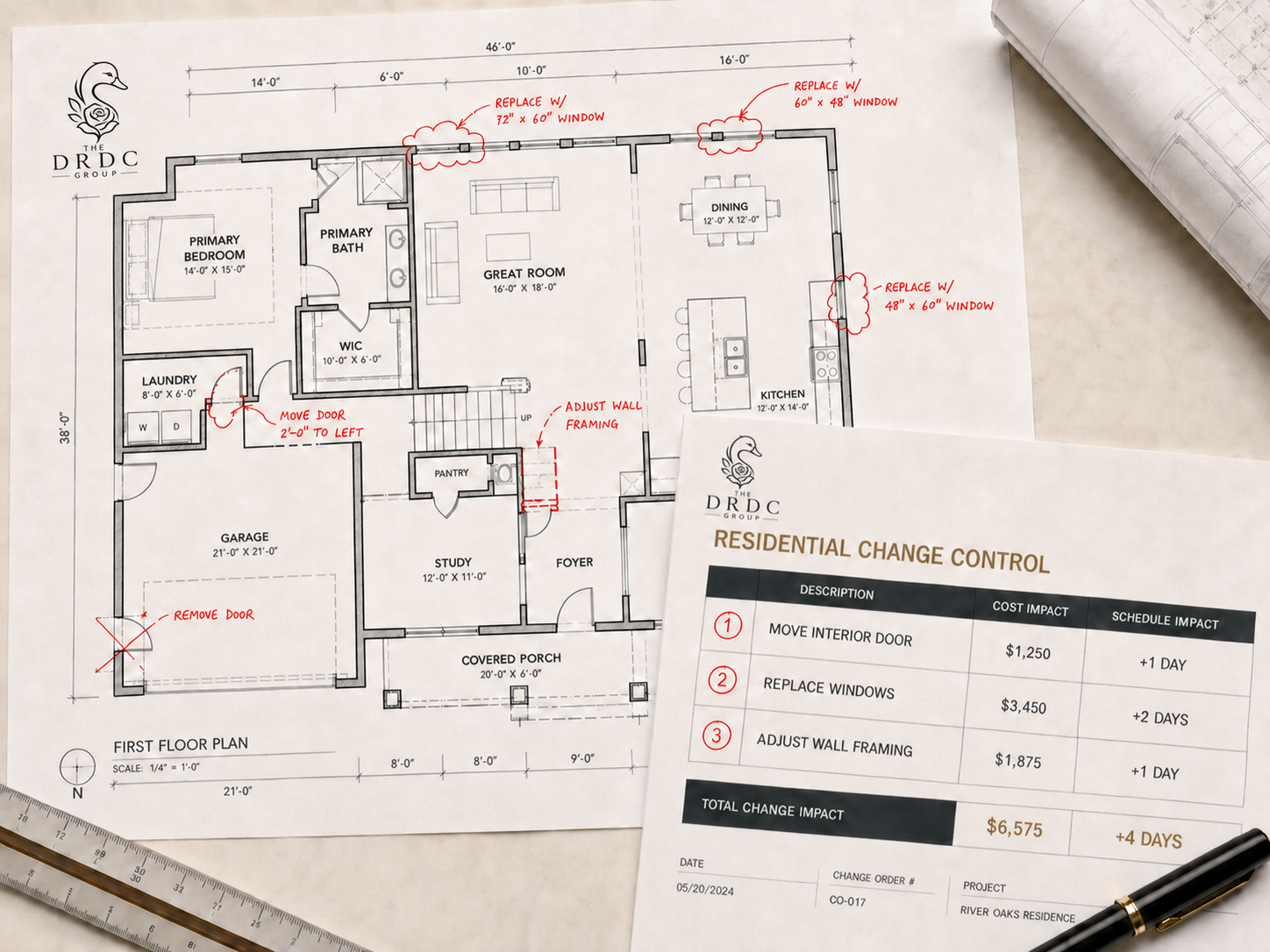 DRDC-branded residential floor plan with redline revisions and associated change-order impacts